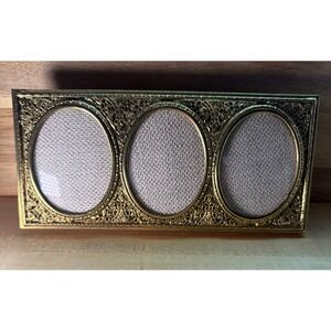 FRENCH Triple OVAL GOLD PICTURE FRAME Ornate Brass SCROLLING Domed Glass Velvet